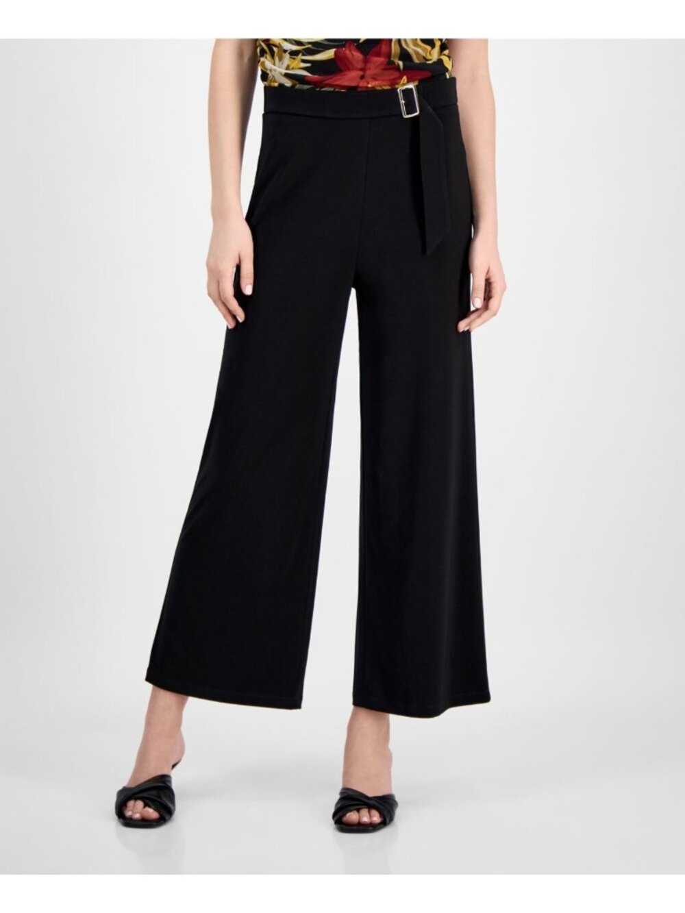 Anne Klein Women polyester Solid Cropped Pull-On Pallazo Pants Black Size XL $79